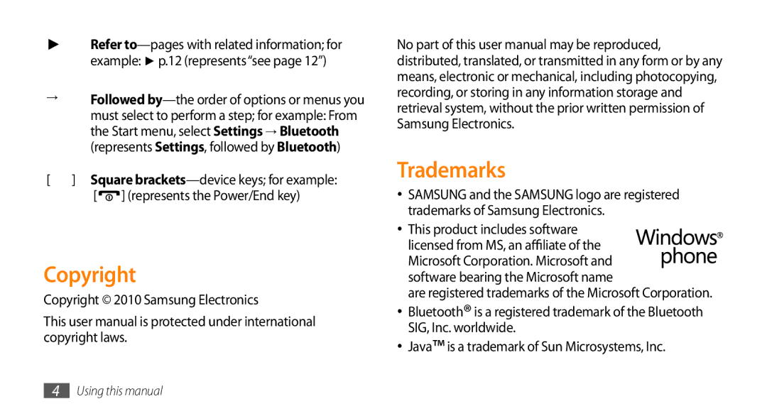 Samsung GT-B7350XKAVD2 manual Trademarks, Square brackets-device keys for example, Copyright 2010 Samsung Electronics 