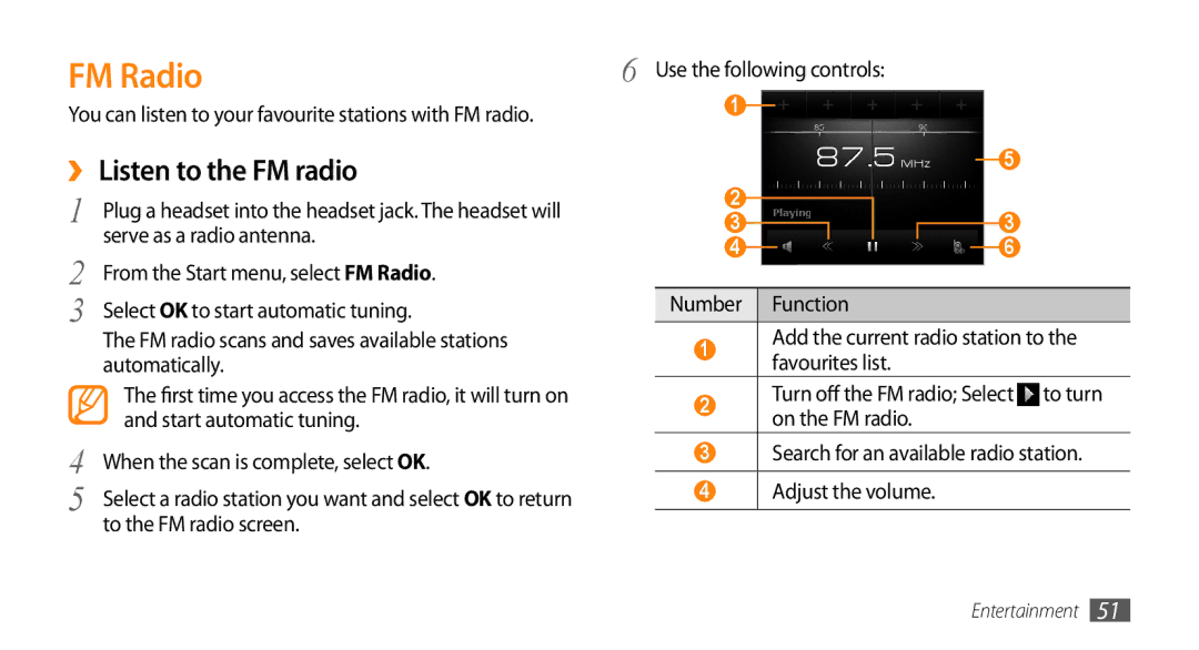 Samsung GT-B7350XKADBT, GT-B7350XKAVD2, GT-B7350XKANEE manual FM Radio, ››Listen to the FM radio, To the FM radio screen 