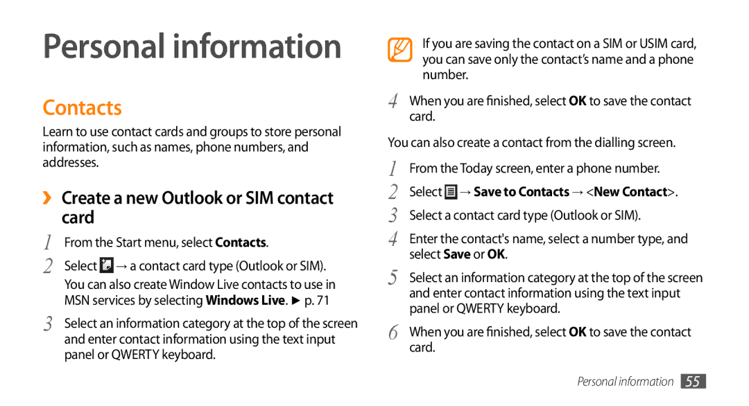 Samsung GT-B7350XKADBT, GT-B7350XKAVD2, GT-B7350XKANEE, GT-B7350XKAXEE Contacts, ›› Create a new Outlook or SIM contact card 