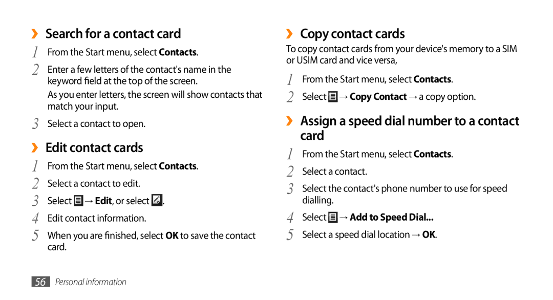 Samsung GT-B7350XKAVD2, GT-B7350XKADBT manual ›› Search for a contact card, ›› Edit contact cards, ›› Copy contact cards 