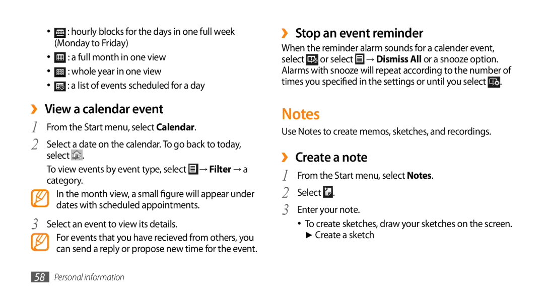 Samsung GT-B7350XKAXEE, GT-B7350XKADBT manual ›› View a calendar event, ›› Stop an event reminder, ›› Create a note 