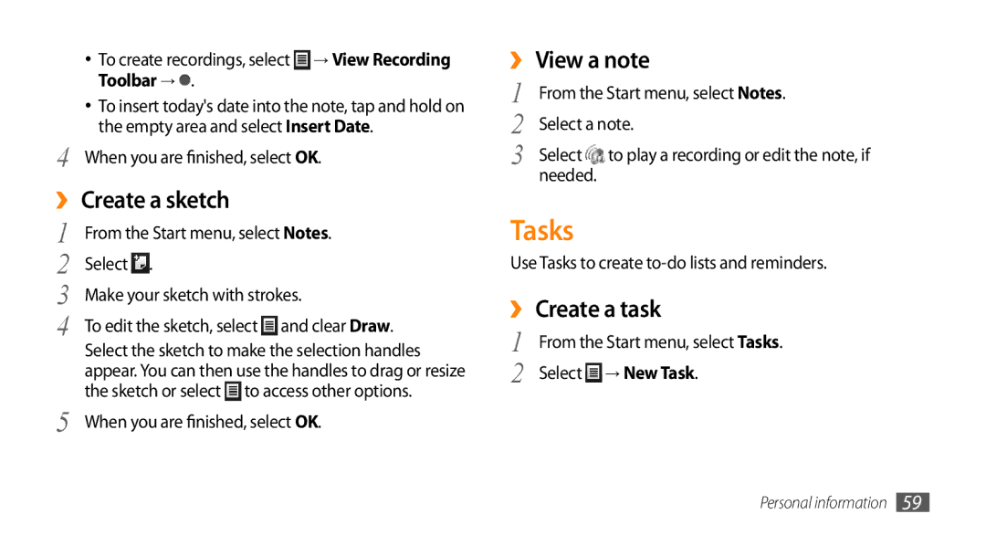 Samsung GT-B7350XKADBT, GT-B7350XKAVD2, GT-B7350XKANEE manual Tasks, ›› Create a sketch, ›› View a note, ›› Create a task 