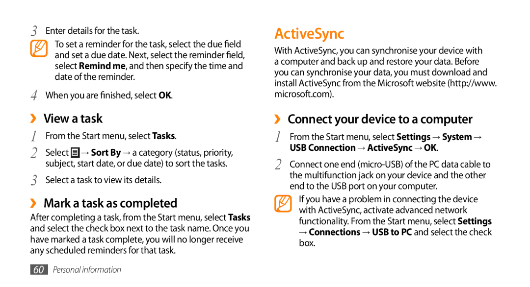 Samsung GT-B7350XKAVD2 manual ActiveSync, ›› View a task, ›› Mark a task as completed, ›› Connect your device to a computer 