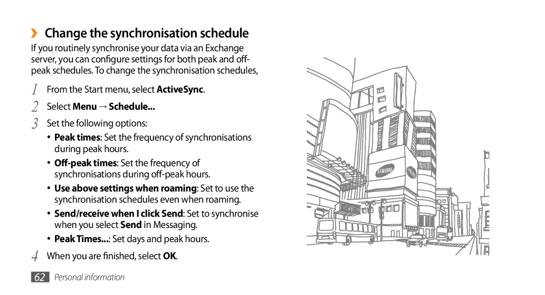 Samsung GT-B7350XKAXEE, GT-B7350XKADBT manual ›› Change the synchronisation schedule, From the Start menu, select ActiveSync 