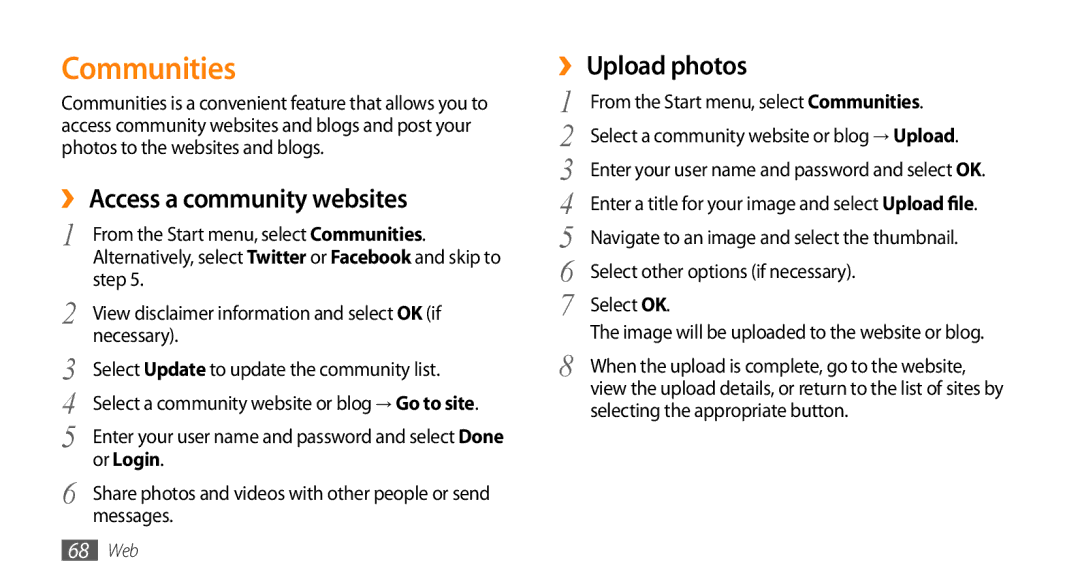 Samsung GT-B7350XKAVD2, GT-B7350XKADBT manual Communities, ›› Access a community websites, ›› Upload photos, Or Login 