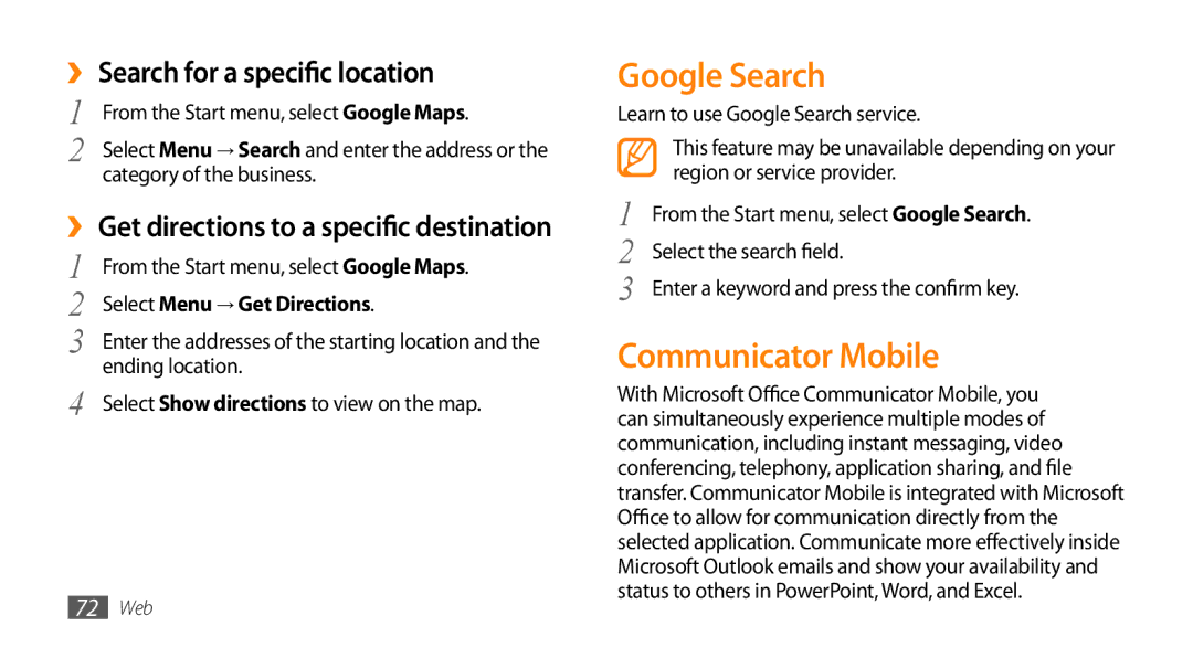 Samsung GT-B7350XKAVD2 Google Search, Communicator Mobile, ›› Search for a specific location, Select Menu → Get Directions 