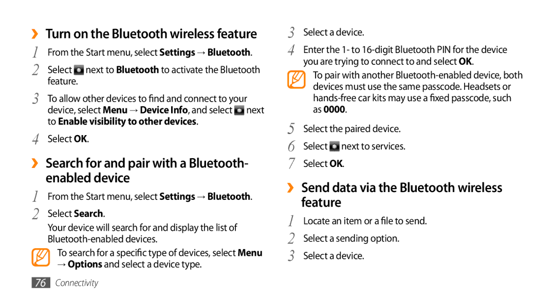 Samsung GT-B7350XKAVD2 ›› Search for and pair with a Bluetooth- enabled device, To Enable visibility to other devices 