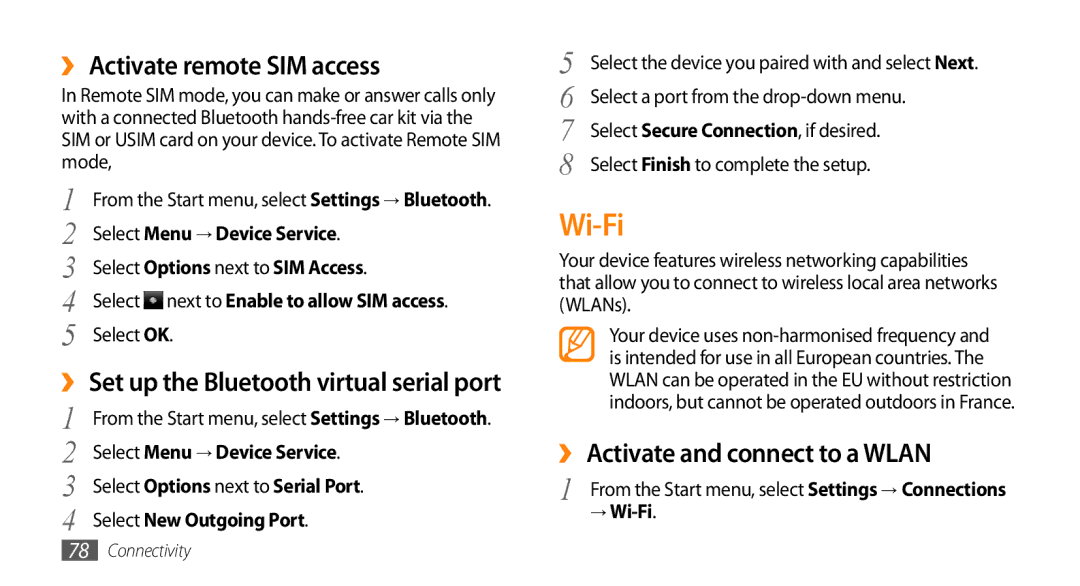 Samsung GT-B7350XKAXEE, GT-B7350XKADBT manual Wi-Fi, ›› Activate remote SIM access, ›› Activate and connect to a Wlan 