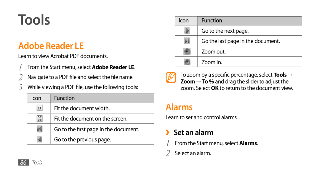 Samsung GT-B7350XKAXEE, GT-B7350XKADBT, GT-B7350XKAVD2, GT-B7350XKANEE manual Tools, Adobe Reader LE, Alarms, ›› Set an alarm 