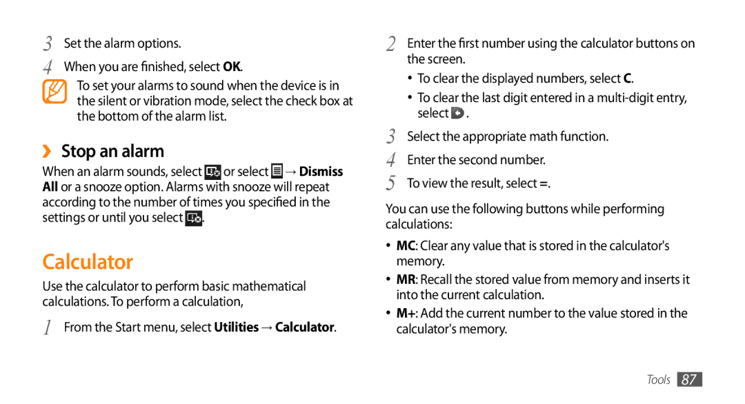 Samsung GT-B7350XKADBT, GT-B7350XKAVD2, GT-B7350XKANEE, GT-B7350XKAXEE manual Calculator, ›› Stop an alarm 