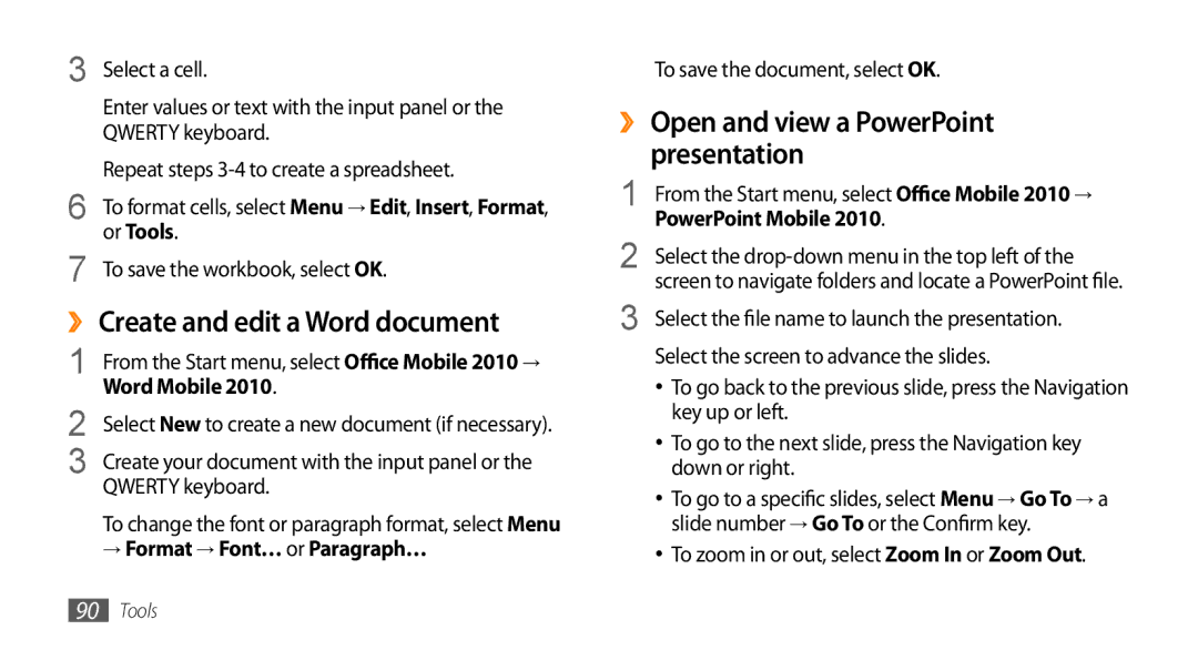 Samsung GT-B7350XKAXEE, GT-B7350XKADBT manual ›› Create and edit a Word document, ›› Open and view a PowerPoint presentation 