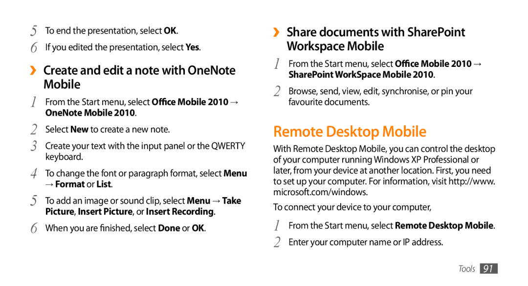 Samsung GT-B7350XKADBT manual Remote Desktop Mobile, ›› Create and edit a note with OneNote Mobile, → Format or List 