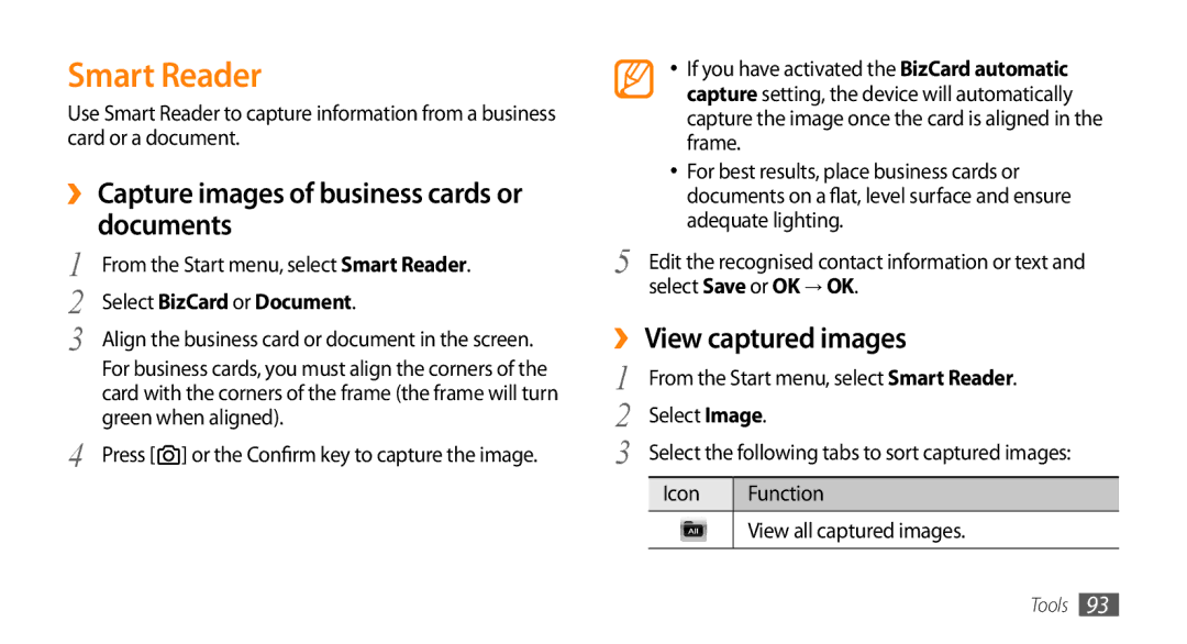 Samsung GT-B7350XKANEE manual Smart Reader, ›› Capture images of business cards or documents, ›› View captured images 