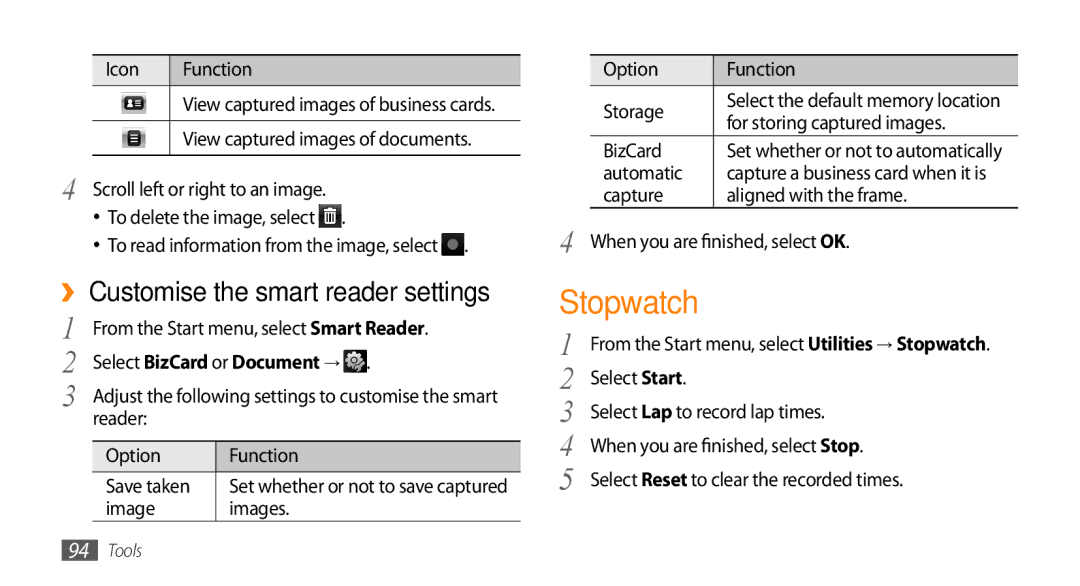 Samsung GT-B7350XKAXEE, GT-B7350XKADBT, GT-B7350XKAVD2 ›› Customise the smart reader settings, Select BizCard or Document → 