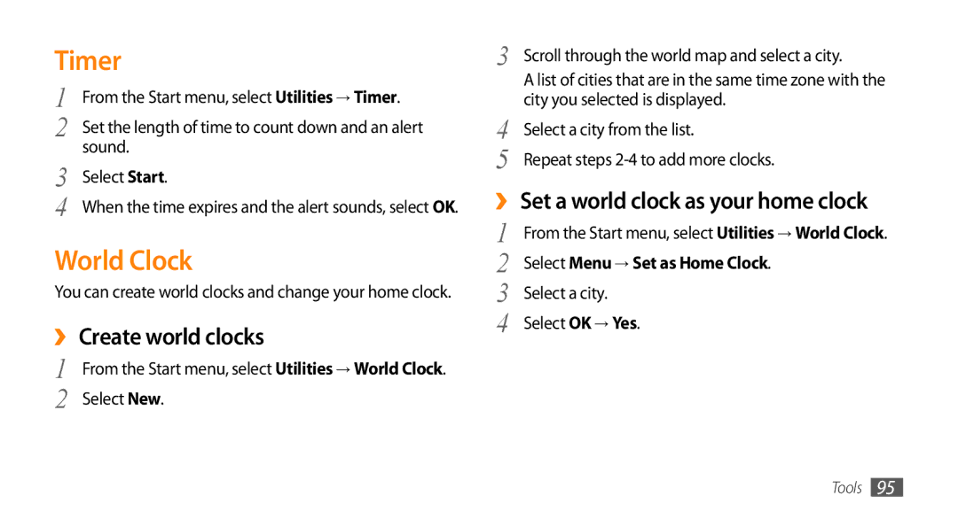 Samsung GT-B7350XKADBT, GT-B7350XKAVD2 Timer, World Clock, ›› Create world clocks, ›› Set a world clock as your home clock 