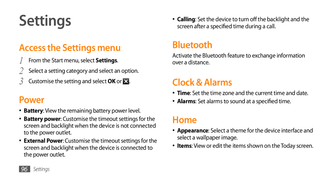 Samsung GT-B7350XKAVD2, GT-B7350XKADBT, GT-B7350XKANEE manual Access the Settings menu, Power, Clock & Alarms, Home 