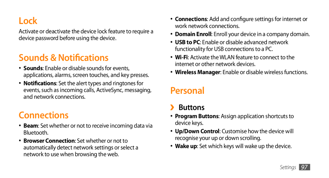 Samsung GT-B7350XKANEE, GT-B7350XKADBT, GT-B7350XKAVD2 manual Lock, Sounds & Notifications, Connections, Personal, ›› Buttons 