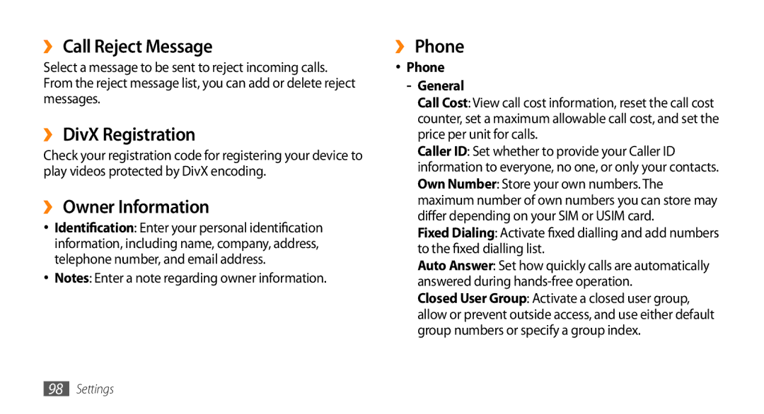 Samsung GT-B7350XKAXEE manual ›› Call Reject Message, ›› DivX Registration, ›› Owner Information, ›› Phone, Phone --General 