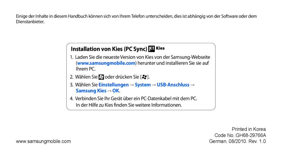 Samsung GT-B7350XKAVD2, GT-B7350XKADBT manual Installation von Kies PC Sync, Code No.GH68-29766A 