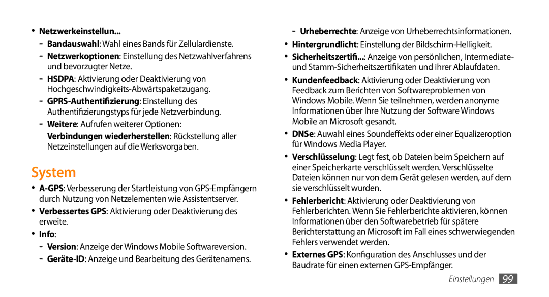 Samsung GT-B7350XKADBT manual System, Netzwerkeinstellun, Verbessertes GPS Aktivierung oder Deaktivierung des erweite, Info 