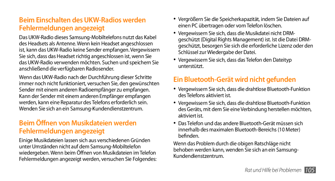 Samsung GT-B7350XKADBT, GT-B7350XKAVD2 manual Ein Bluetooth-Gerät wird nicht gefunden 