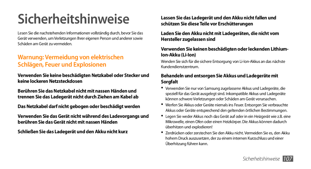 Samsung GT-B7350XKADBT, GT-B7350XKAVD2 manual Sicherheitshinweise, Schließen Sie das Ladegerät und den Akku nicht kurz 