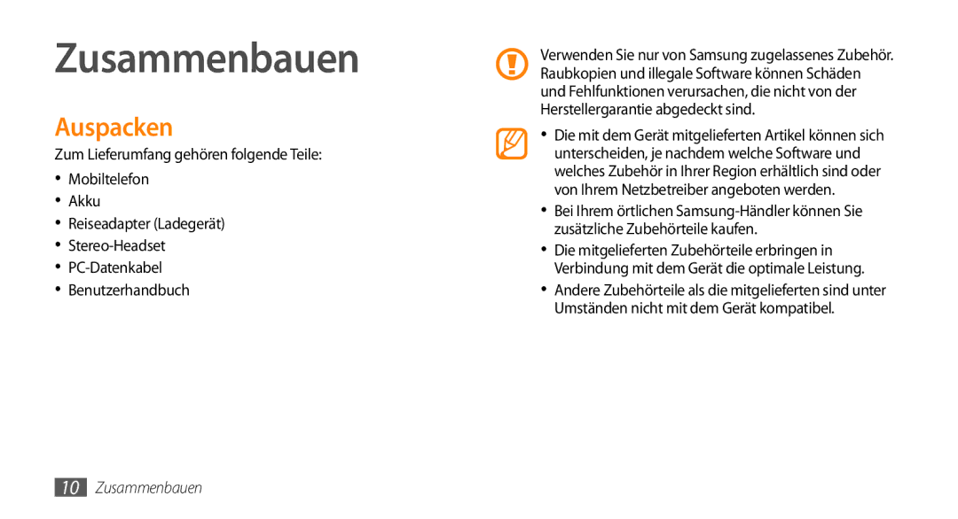 Samsung GT-B7350XKAVD2, GT-B7350XKADBT manual Zusammenbauen, Auspacken 