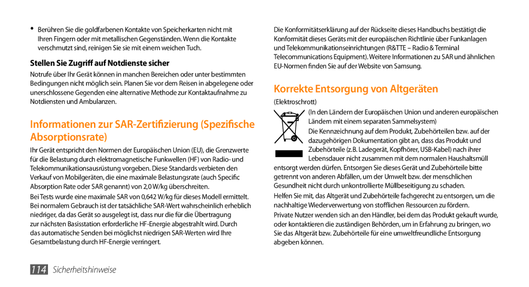 Samsung GT-B7350XKAVD2, GT-B7350XKADBT manual Korrekte Entsorgung von Altgeräten, Stellen Sie Zugriff auf Notdienste sicher 