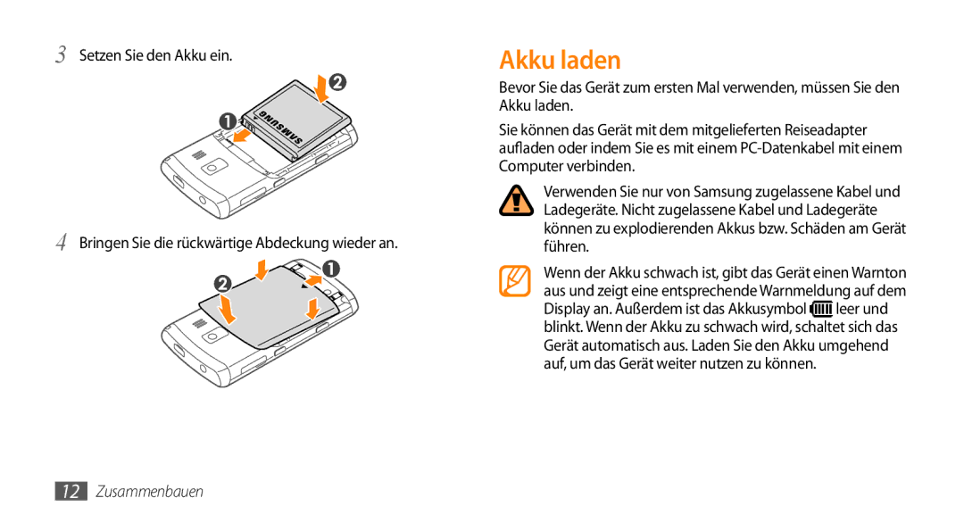 Samsung GT-B7350XKAVD2, GT-B7350XKADBT manual Akku laden 