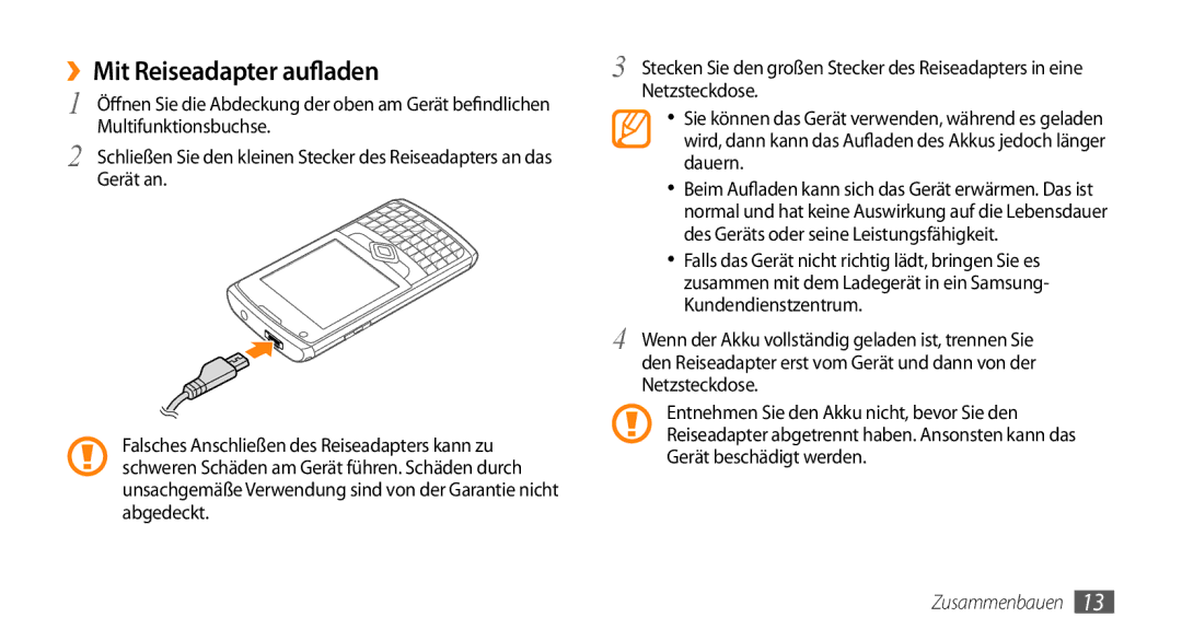 Samsung GT-B7350XKADBT, GT-B7350XKAVD2 manual ››Mit Reiseadapter aufladen 