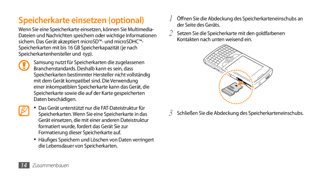 Samsung GT-B7350XKAVD2, GT-B7350XKADBT manual Speicherkarte einsetzen optional 