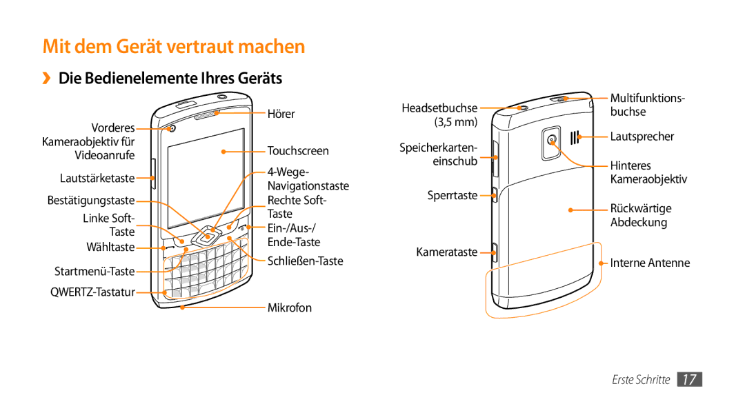 Samsung GT-B7350XKADBT, GT-B7350XKAVD2 manual Mit dem Gerät vertraut machen, ››Die Bedienelemente Ihres Geräts 