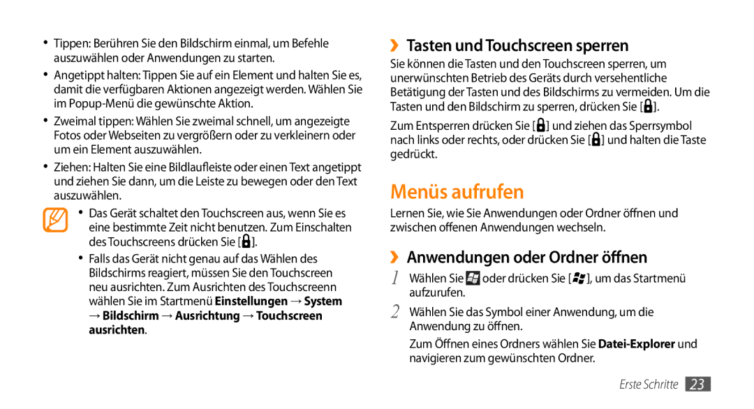 Samsung GT-B7350XKADBT, GT-B7350XKAVD2 Menüs aufrufen, ››Tasten und Touchscreen sperren, ››Anwendungen oder Ordner öffnen 