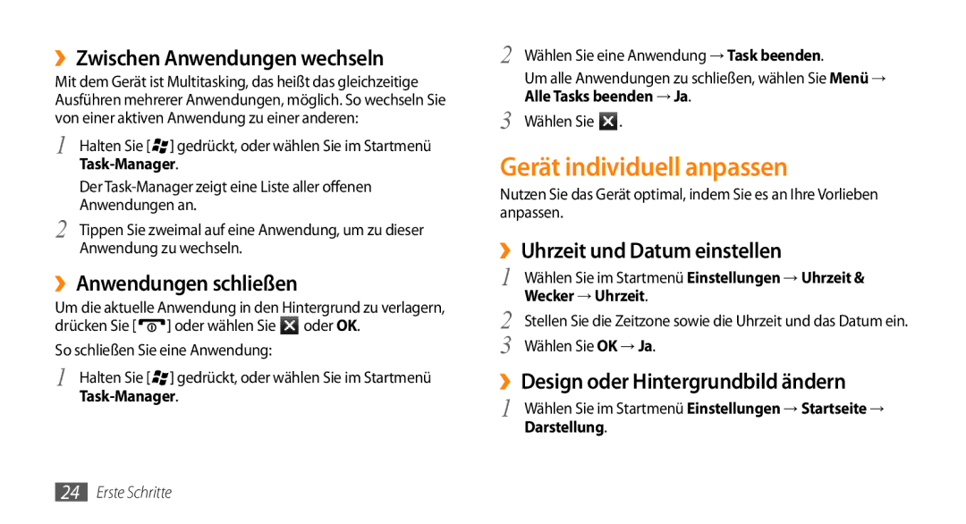 Samsung GT-B7350XKAVD2 manual Gerät individuell anpassen, ››Zwischen Anwendungen wechseln, ››Anwendungen schließen 