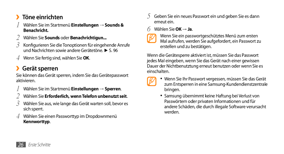 Samsung GT-B7350XKAVD2, GT-B7350XKADBT manual ››Töne einrichten, ››Gerät sperren, Wählen Sie Sounds oder Benachrichtigun 