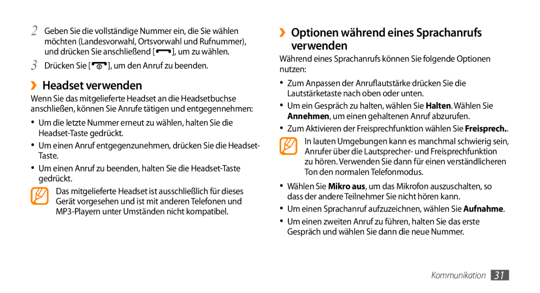 Samsung GT-B7350XKADBT, GT-B7350XKAVD2 manual ››Headset verwenden, ››Optionen während eines Sprachanrufs verwenden 