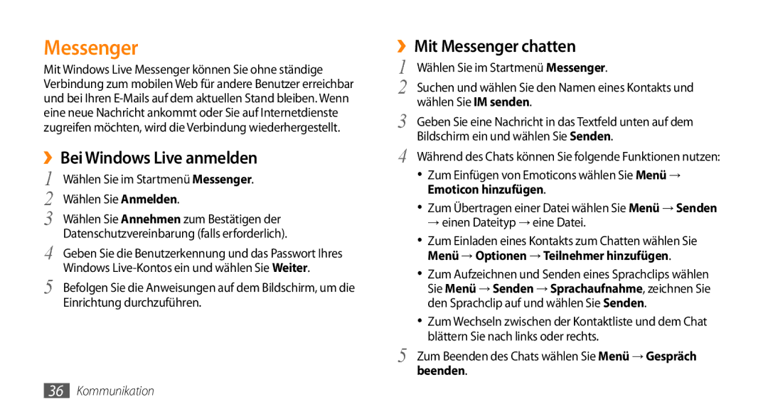 Samsung GT-B7350XKAVD2, GT-B7350XKADBT manual Messenger, ››Bei Windows Live anmelden 