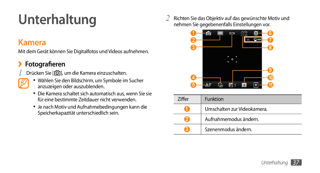 Samsung GT-B7350XKADBT, GT-B7350XKAVD2 manual Unterhaltung, Kamera 