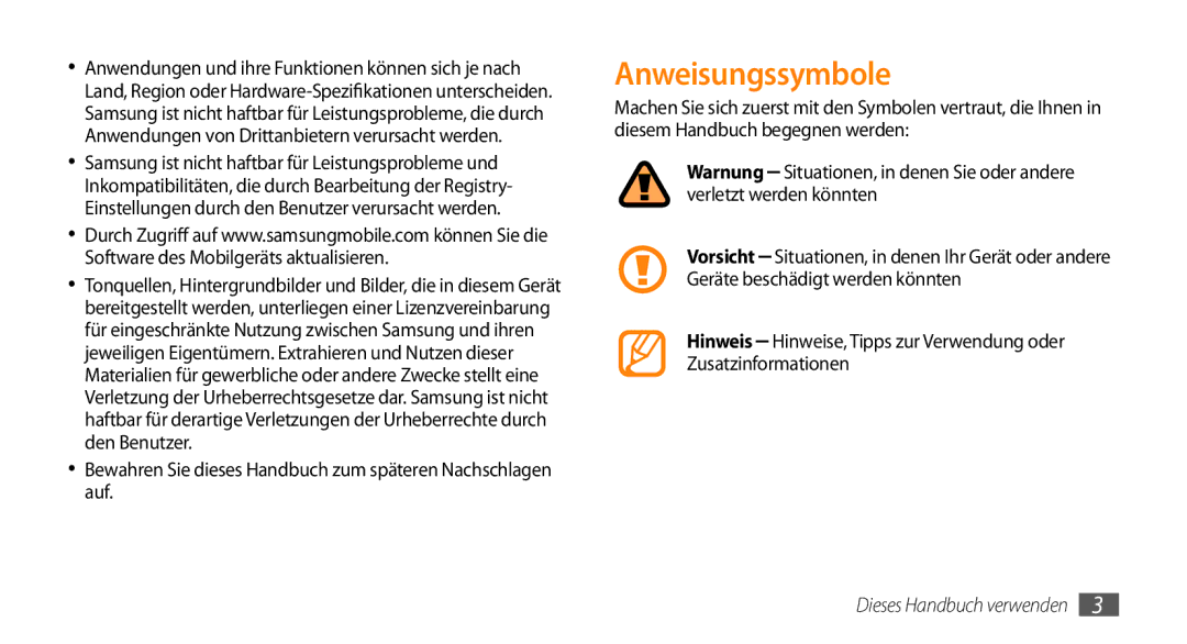 Samsung GT-B7350XKADBT, GT-B7350XKAVD2 manual Anweisungssymbole, Bewahren Sie dieses Handbuch zum späteren Nachschlagen auf 