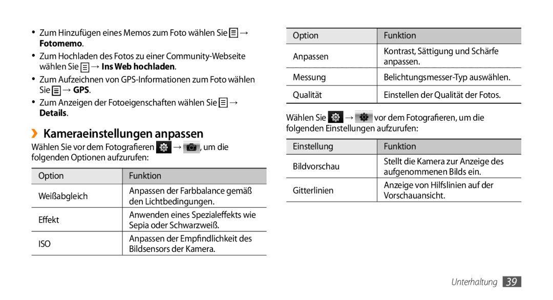 Samsung GT-B7350XKADBT, GT-B7350XKAVD2 manual ››Kameraeinstellungen anpassen 