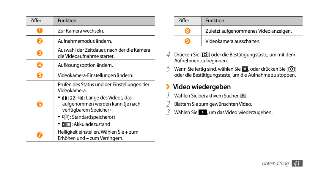 Samsung GT-B7350XKADBT, GT-B7350XKAVD2 manual ››Video wiedergeben, Aufnehmen zu beginnen, Wählen Sie bei aktivem Sucher 