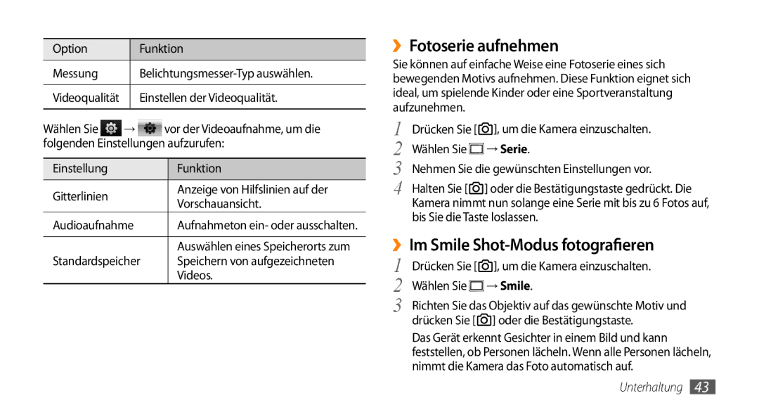 Samsung GT-B7350XKADBT, GT-B7350XKAVD2 manual ››Fotoserie aufnehmen, ››Im Smile Shot-Modus fotografieren, → Serie, → Smile 