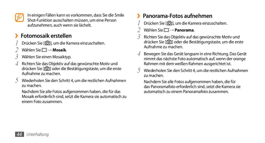 Samsung GT-B7350XKAVD2, GT-B7350XKADBT manual ››Fotomosaik erstellen, ››Panorama-Fotos aufnehmen, → Mosaik, → Panorama 