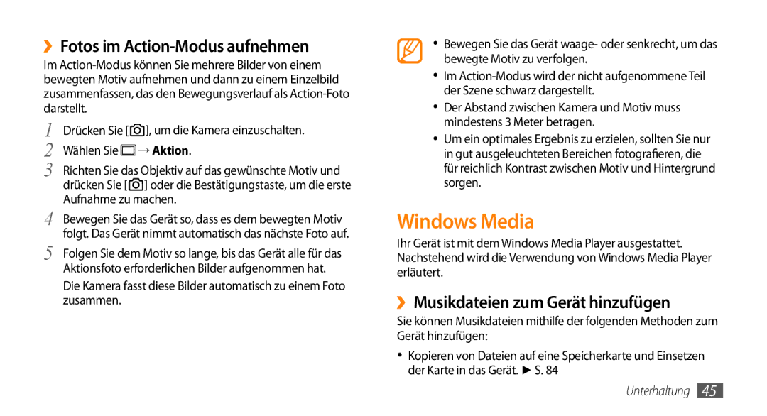 Samsung GT-B7350XKADBT manual Windows Media, ››Fotos im Action-Modus aufnehmen, ››Musikdateien zum Gerät hinzufügen 