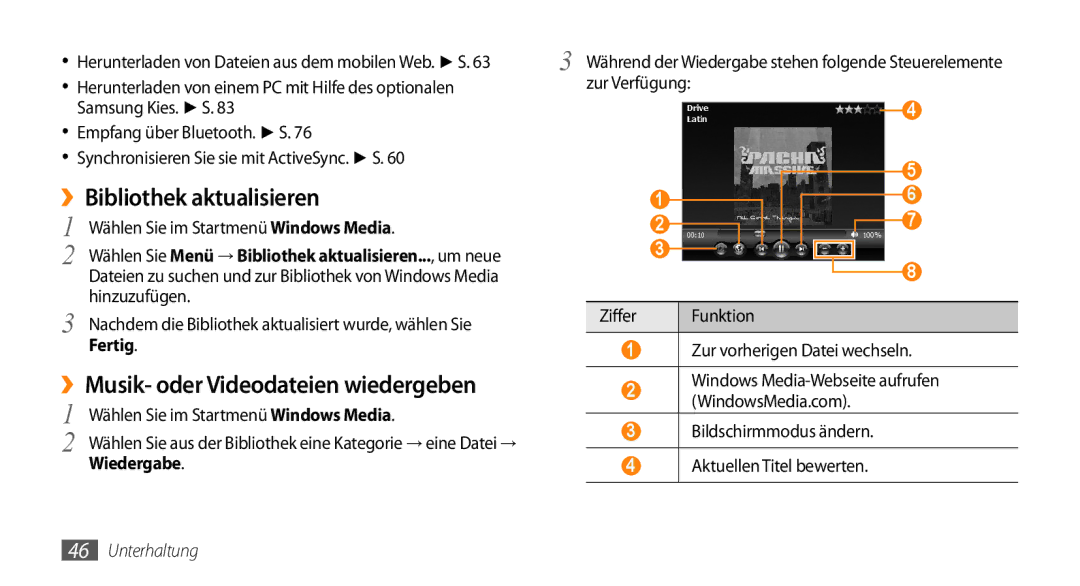 Samsung GT-B7350XKAVD2 manual ››Bibliothek aktualisieren, ››Musik- oder Videodateien wiedergeben, Fertig, Wiedergabe 