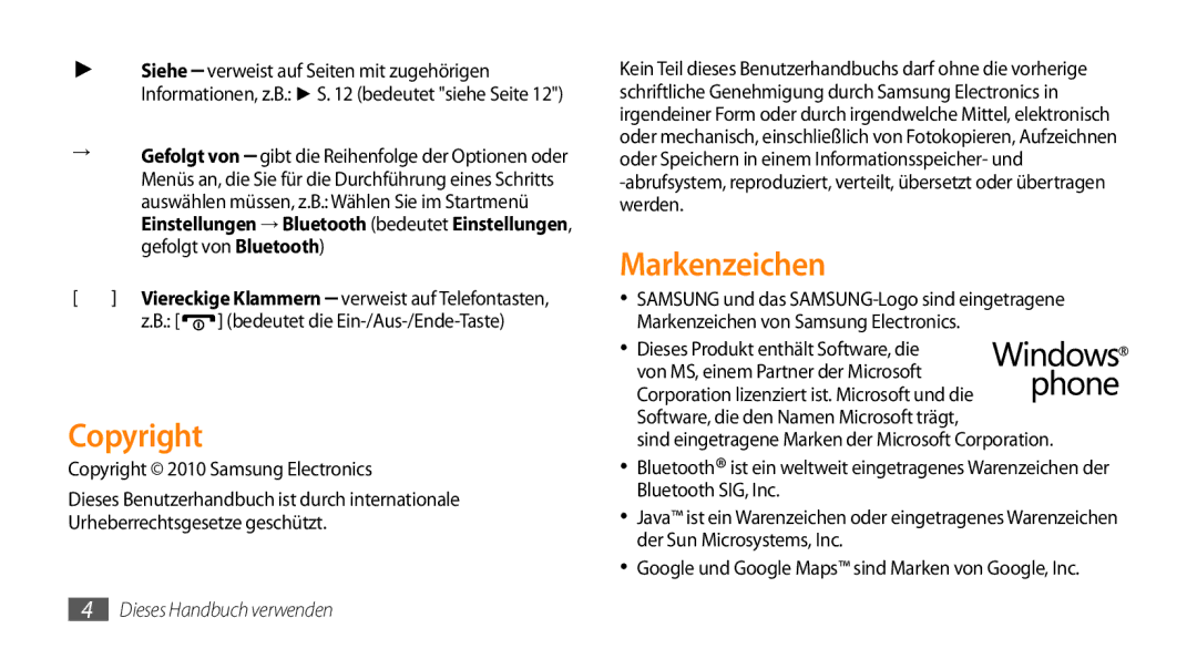 Samsung GT-B7350XKAVD2, GT-B7350XKADBT manual Markenzeichen, Copyright 2010 Samsung Electronics 