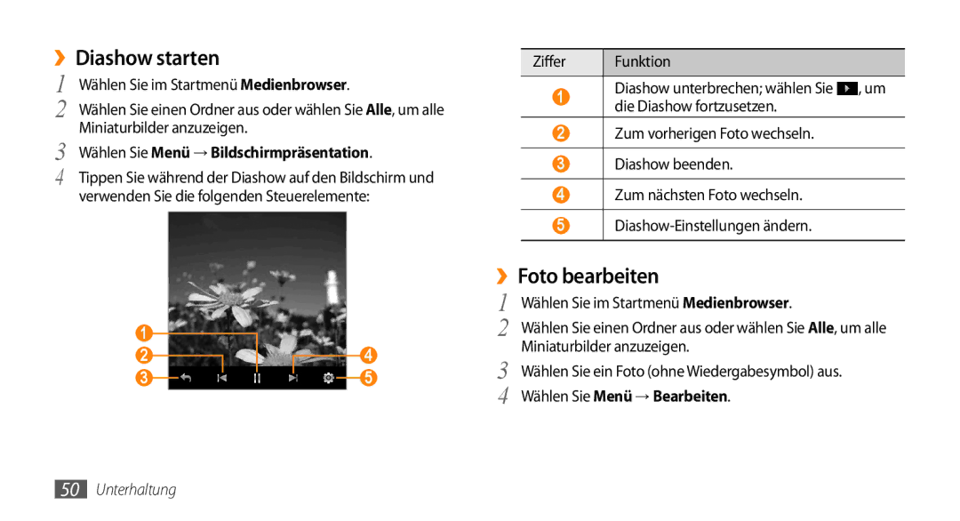 Samsung GT-B7350XKAVD2, GT-B7350XKADBT manual ››Diashow starten, ››Foto bearbeiten, Wählen Sie Menü → Bildschirmpräsentation 