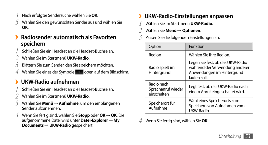 Samsung GT-B7350XKADBT, GT-B7350XKAVD2 Speichern, ››UKW-Radio-Einstellungen anpassen, Documents → UKW-Radio gespeichert 