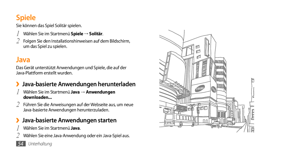 Samsung GT-B7350XKAVD2 manual Spiele, ››Java-basierte Anwendungen herunterladen, ››Java-basierte Anwendungen starten 