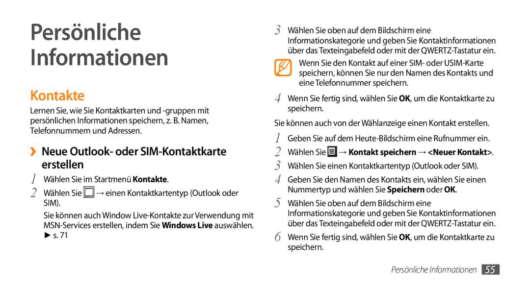 Samsung GT-B7350XKADBT manual Persönliche Informationen, Kontakte, ››Neue Outlook- oder SIM-Kontaktkarte erstellen 